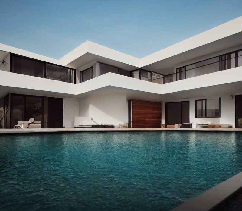 Luxury pool villa spectacular contemporary design digital art real estate , home, house and property, Generative AI illustration.